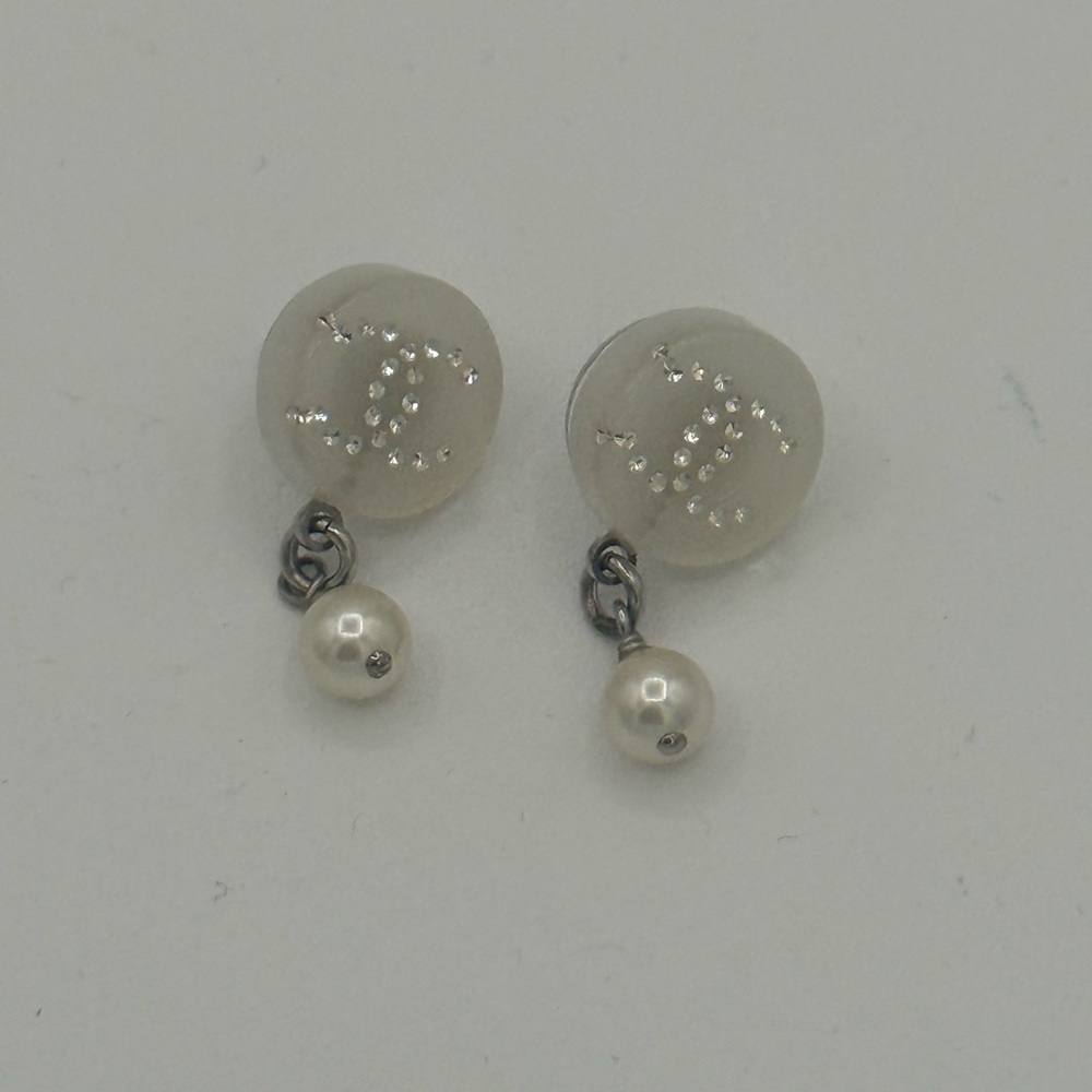 CHANEL White and Silver Pearl Earrings